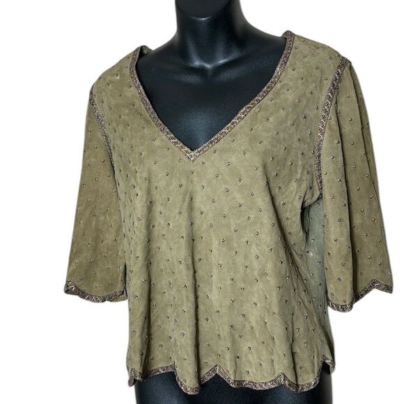 Handmade 100% genuine leather beaded scalloped hippie boho ren faire shirt - Picture 1 of 6